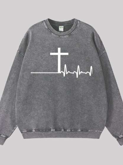 ECG Cross Jesus God Christian Washed Sweatshirt
