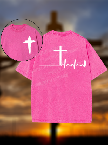 ECG Cross Christian Washed T-Shirt