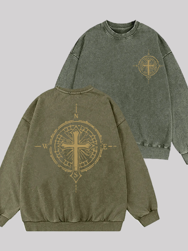 [Cross Compass Jesus God Christian Washed Sweatshirt