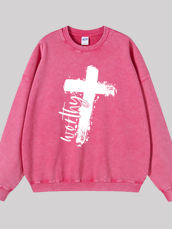 Worthy Cross Print  Jesus God Christian Washed Sweatshirt