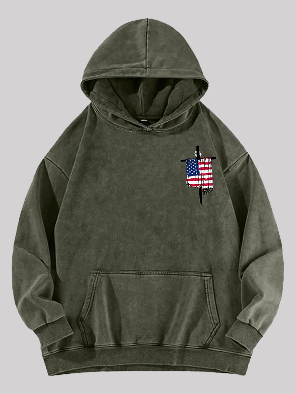 Faith Flag Cross Print  Jesus God Christian Washed Hoodie
