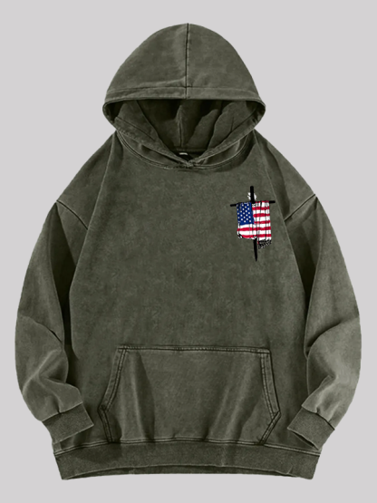 Faith Flag Cross Print  Jesus God Christian Washed Hoodie