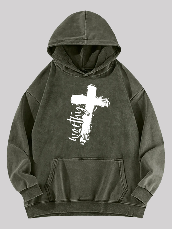 Worthy Cross  Jesus God Christian Washed Hoodie