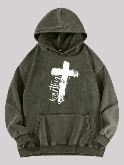 Worthy Cross  Jesus God Christian Washed Hoodie