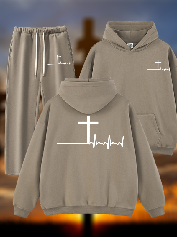 ECG Cross Jesus God Christian Plush Fleece-Lined Hoodie Set