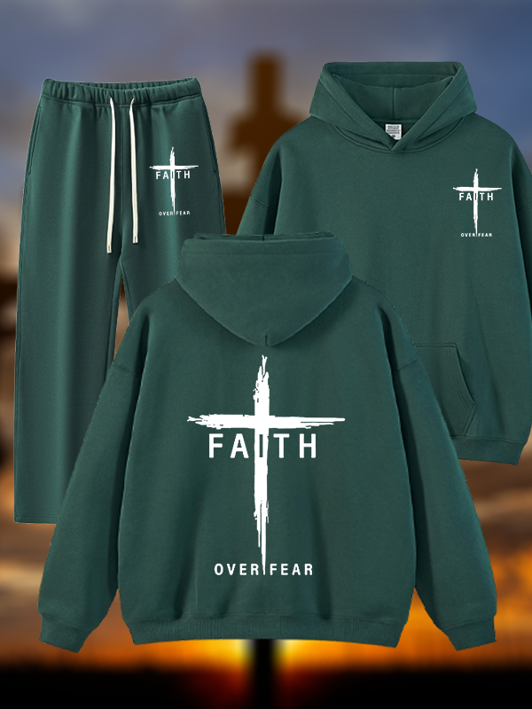 Faith Over Fear Cross Jesus God Christian Plush Fleece-Lined Hoodie Set