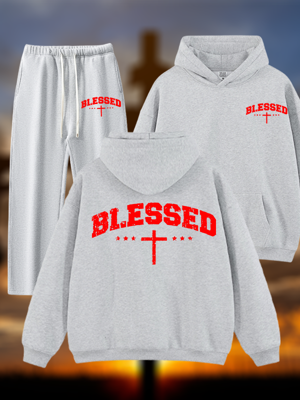 Blessed Cross Jesus God Christian Plush Fleece-Lined Hoodie Set