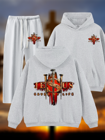 Jesus Saved My Life Jesus God Christian Plush Fleece-Lined Hoodie Set
