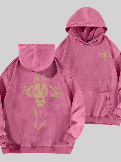 Lion Cross  Jesus God Christian Washed Hoodie