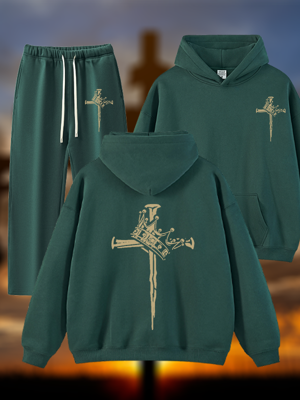 Cross Crown Jesus God Christian Plush Fleece-Lined Hoodie Set