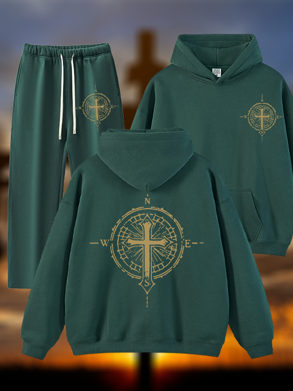Cross Compass Jesus God Christian Plush Fleece-Lined Hoodie Set