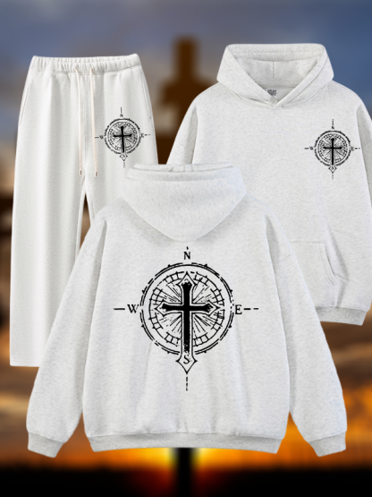 Cross Compass Jesus God Christian Plush Fleece-Lined Hoodie Set