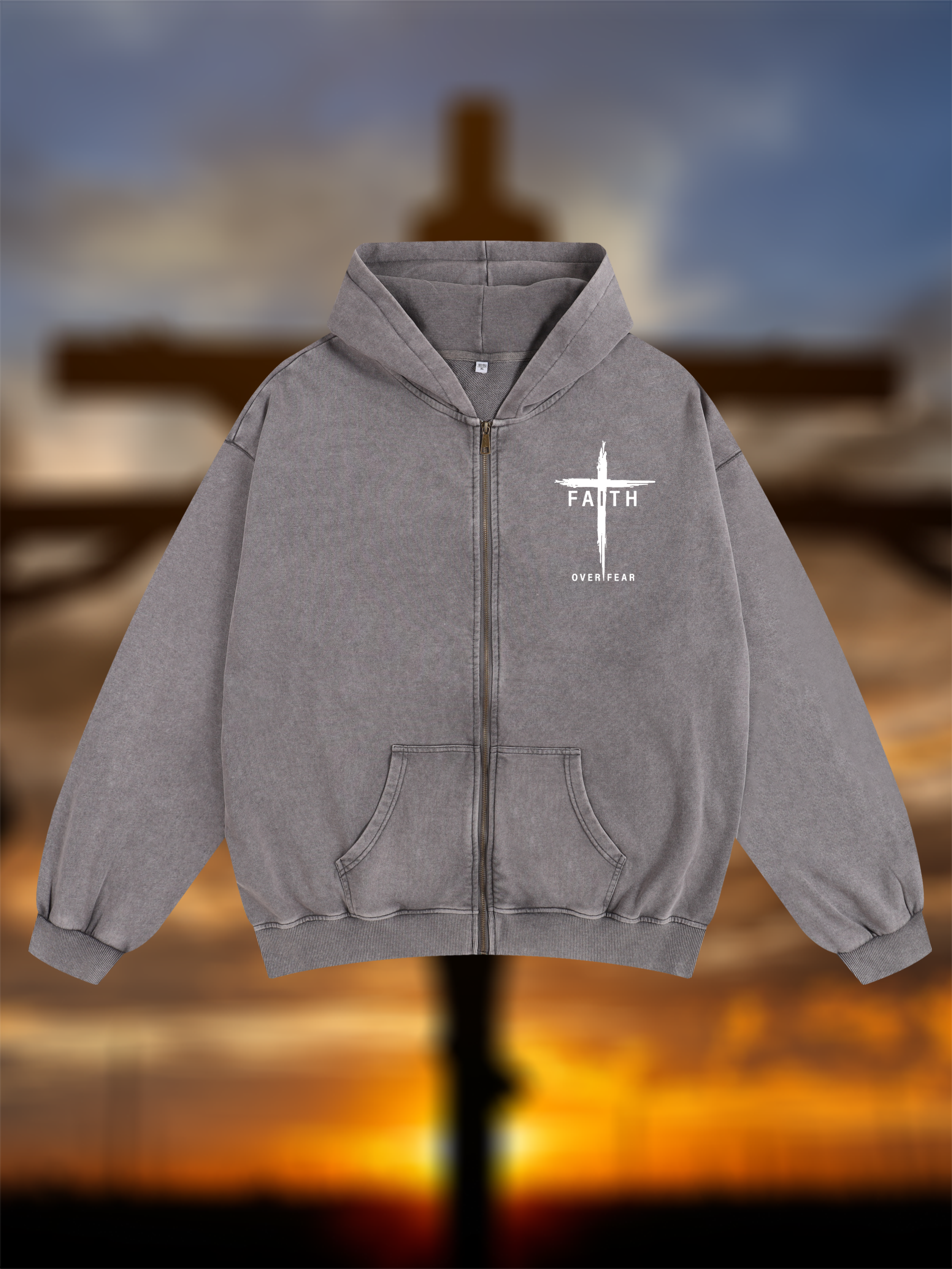 Faith Over Fear Cross Jesus God Christian Washed Zip-Up Hoodie
