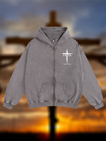Faith Over Fear Cross Jesus God Christian Washed Zip-Up Hoodie