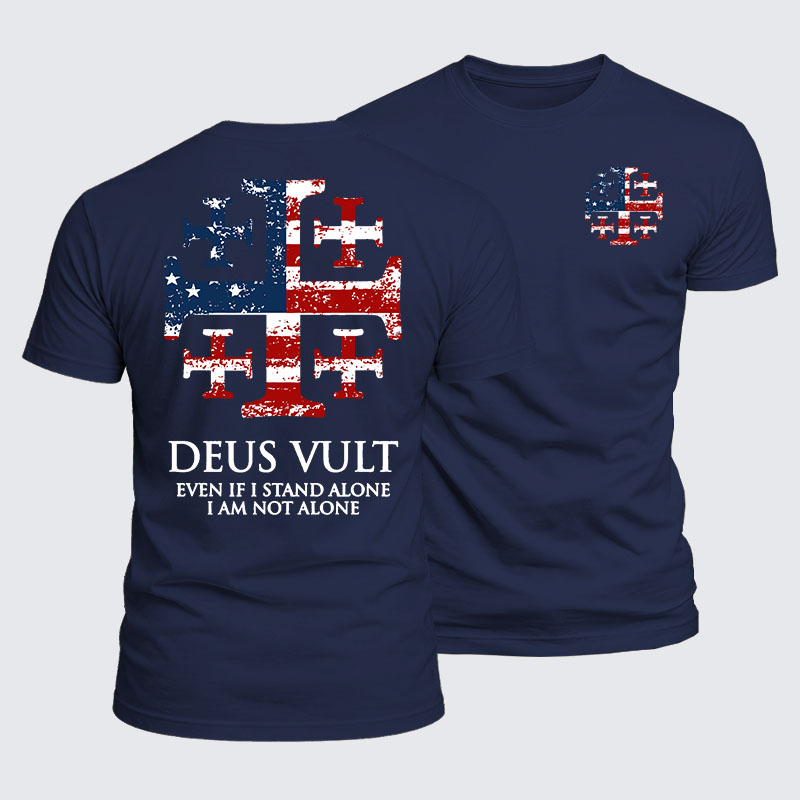 Luxe Mercerized Cotton Tee - Deus Vult Jerusalem Cross Usa Flag Jerusalem Cross Even If I Stand Alone, I Am Not Alone