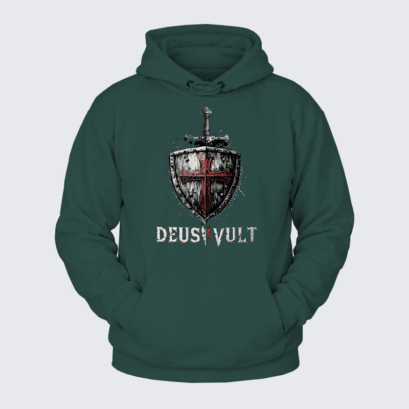 Plush Fleece-Lined Hoodie - Deus Vult Crusader Shield Templar Cross