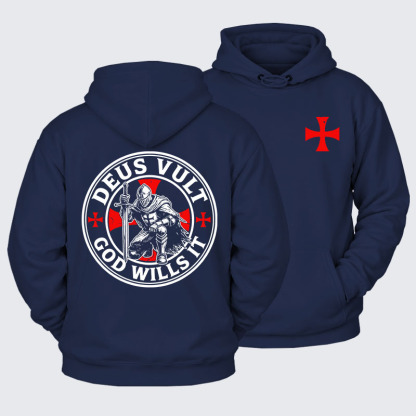 Plush Fleece-Lined Hoodie - Deus Vult Crusader Shield Templar Cross