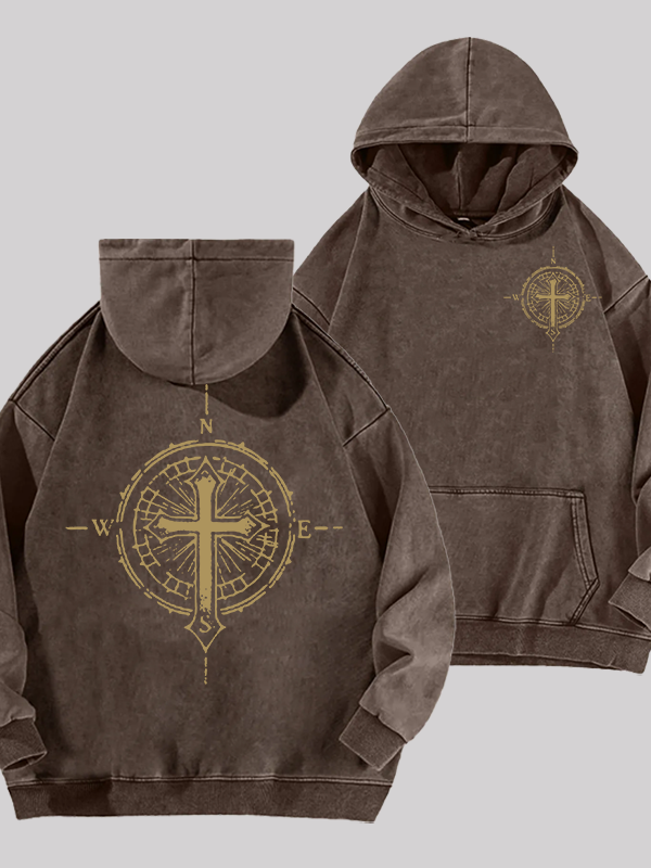 Cross Compass  Jesus God Christian Washed Hoodie