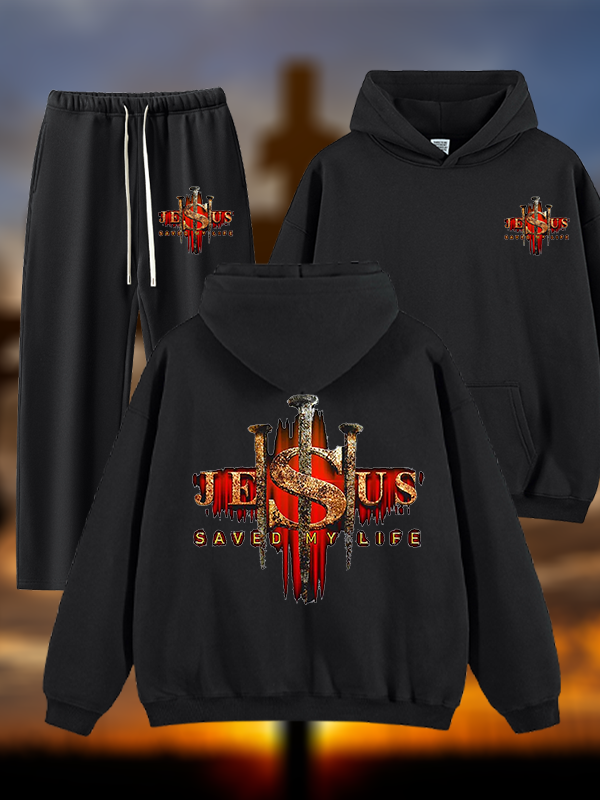 Jesus Saved My Life Jesus God Christian Plush Fleece-Lined Hoodie Set