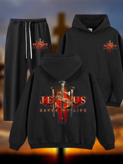 Jesus Saved My Life Jesus God Christian Plush Fleece-Lined Hoodie Set