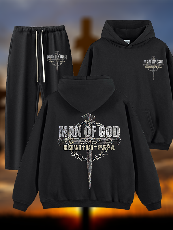 Man Of God Husband Dad PaPa Jesus God Christian Plush Fleece-Lined Hoodie Set