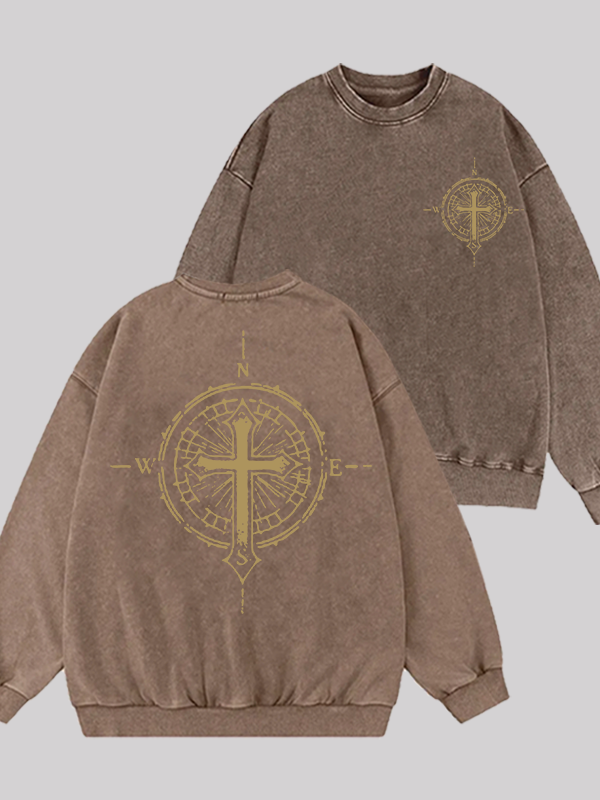 [Cross Compass Jesus God Christian Washed Sweatshirt