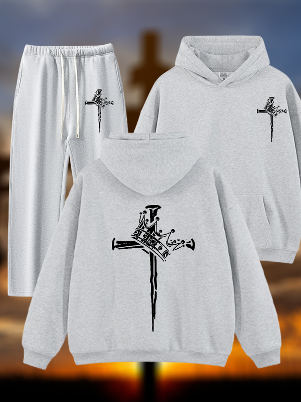 Cross Crown Jesus God Christian Plush Fleece-Lined Hoodie Set
