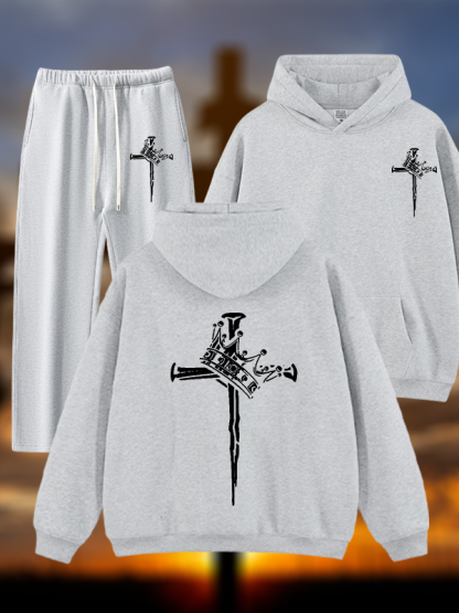Cross Crown Jesus God Christian Plush Fleece-Lined Hoodie Set