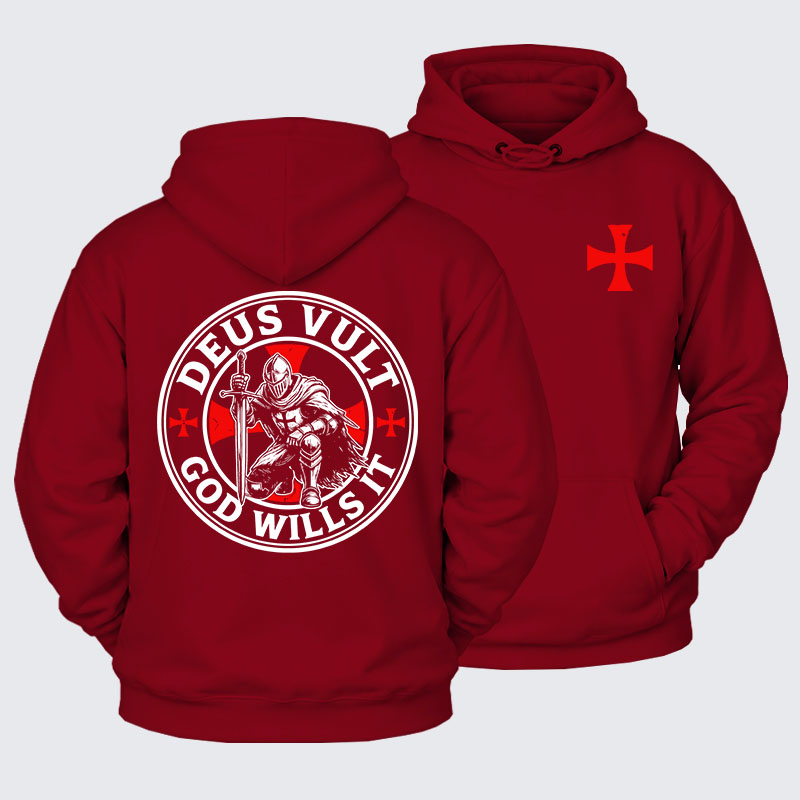 Plush Fleece-Lined Hoodie - Deus Vult Crusader Shield Templar Cross