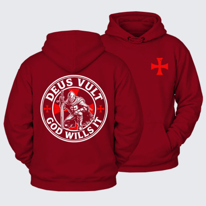 Plush Fleece-Lined Hoodie - Deus Vult Crusader Shield Templar Cross