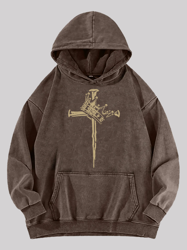 Cross Crown Jesus God Christian Washed Hoodie