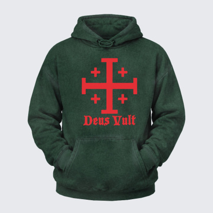 Washed Hoodie - Jerusalem Cross Deus Vult