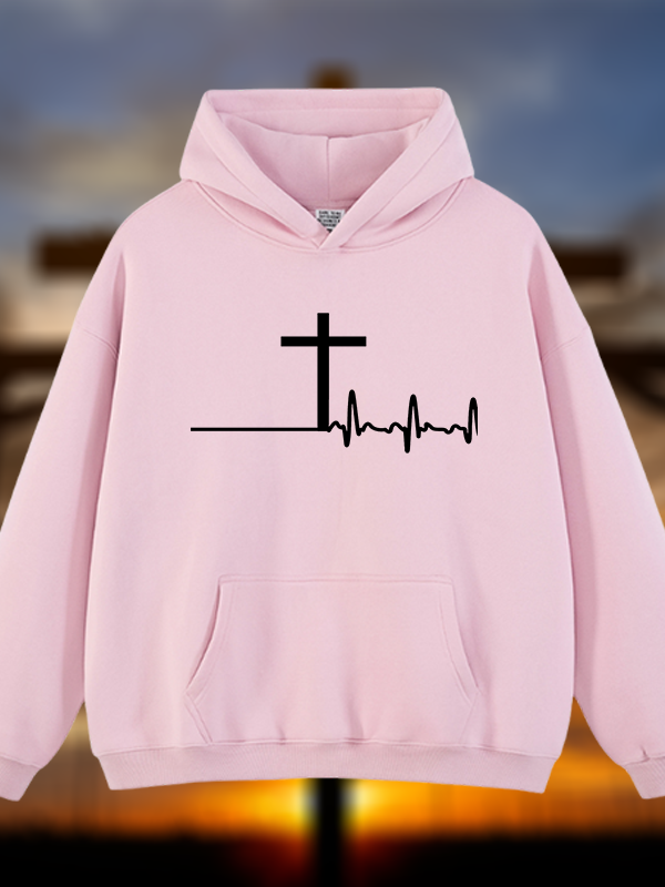 ECG Cross Jesus God Christian Plush Fleece-Lined Hoodie