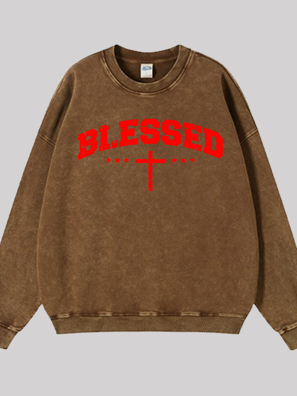 Blessed Cross  Jesus God Christian Washed Sweatshirt