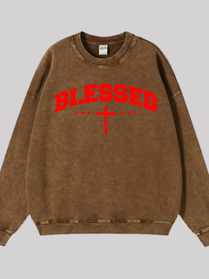 Blessed Cross  Jesus God Christian Washed Sweatshirt