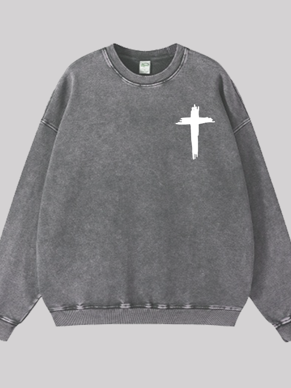 Cross Printed Jesus God Christian Washed Sweatshirt