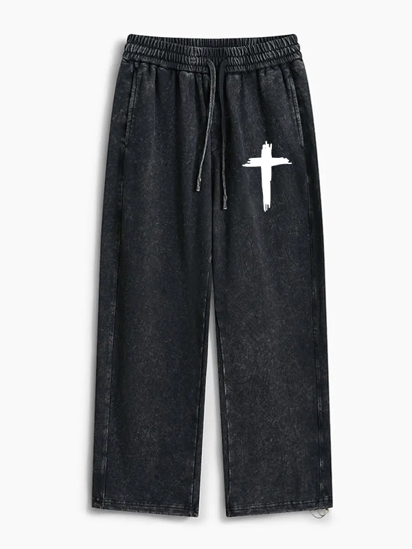 Cross Printed Jesus God Christian Washed Sweatpants