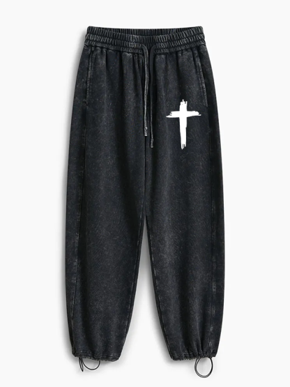 Cross Printed Jesus God Christian Washed Sweatpants