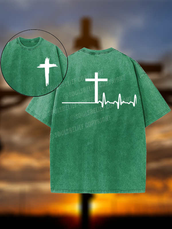 ECG Cross Christian Washed T-Shirt