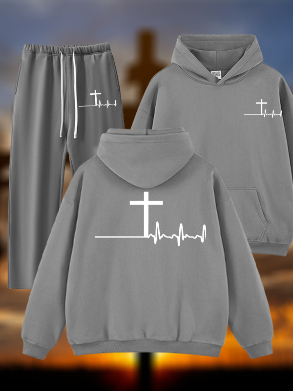 ECG Cross Jesus God Christian Plush Fleece-Lined Hoodie Set