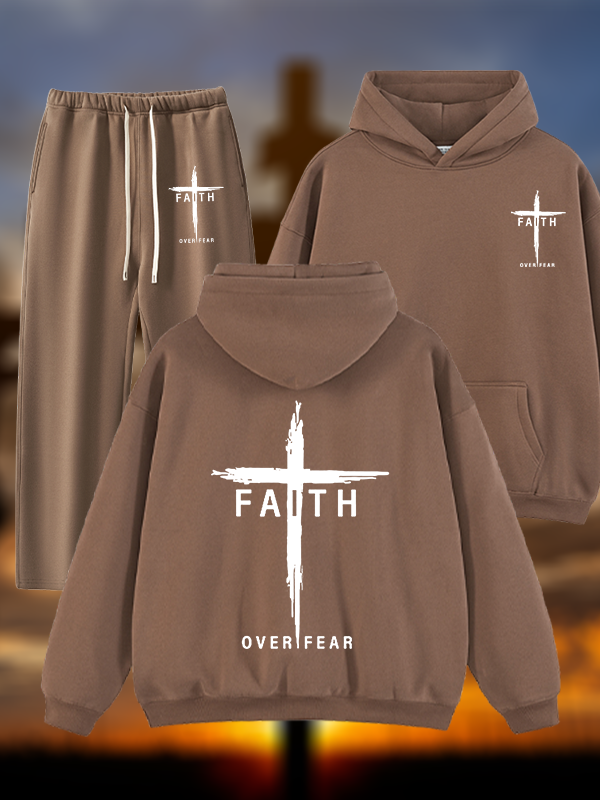 Faith Over Fear Cross Jesus God Christian Plush Fleece-Lined Hoodie Set