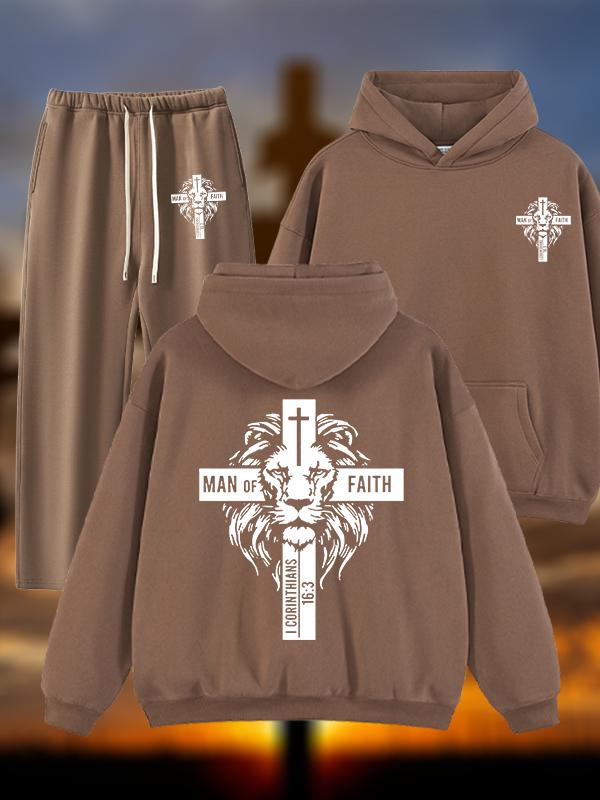 Man of Faith  Jesus God Christian Plush Fleece-Lined Hoodie Set