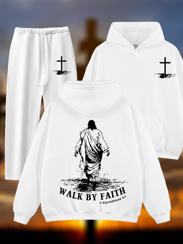 Walk by Faith Jesus God Christian Plush Fleece-Lined Hoodie Set
