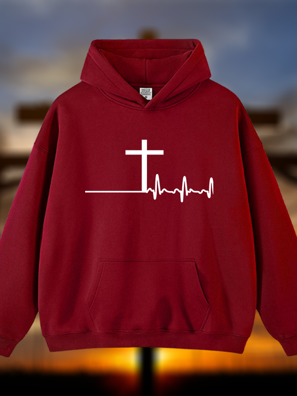 ECG Cross Jesus God Christian Plush Fleece-Lined Hoodie