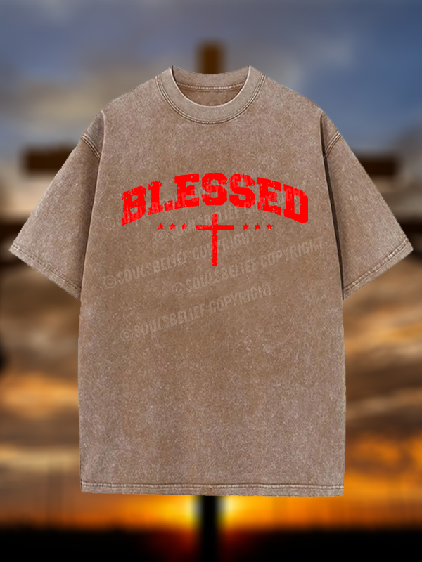 Blessed Cross  Christian Washed T-Shirt