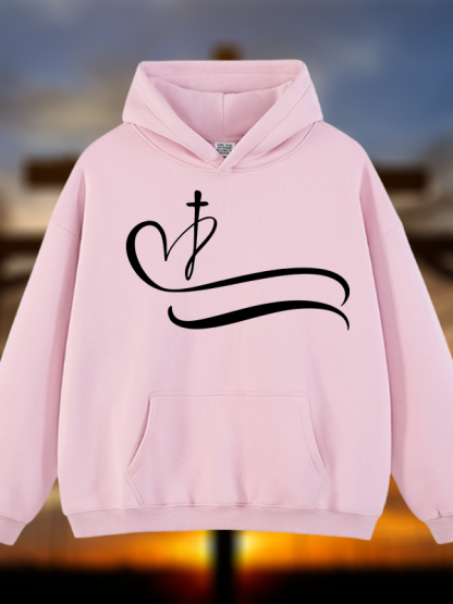 Heart Cross  Jesus God Christian Plush Fleece-Lined Hoodie