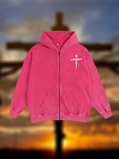 Cross Jesus God Christian Washed Zip-Up Hoodie