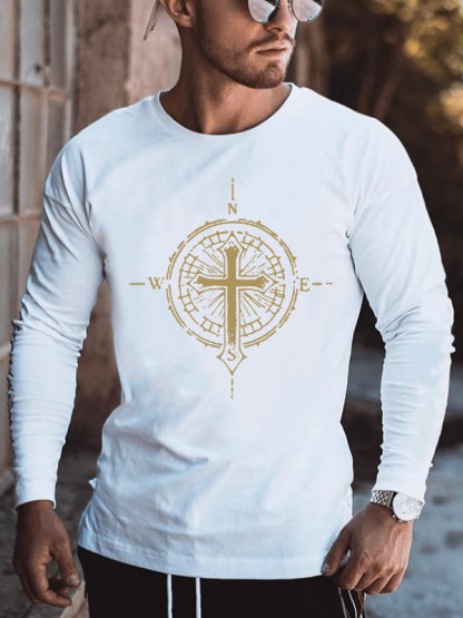 Cross Compass Jesus God Christian Cotton Long Sleeve T-Shirt