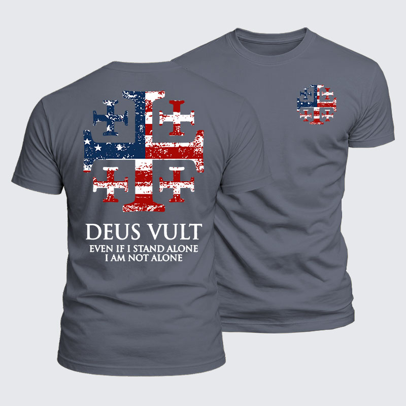 Luxe Mercerized Cotton Tee - Deus Vult Jerusalem Cross Usa Flag Jerusalem Cross Even If I Stand Alone, I Am Not Alone