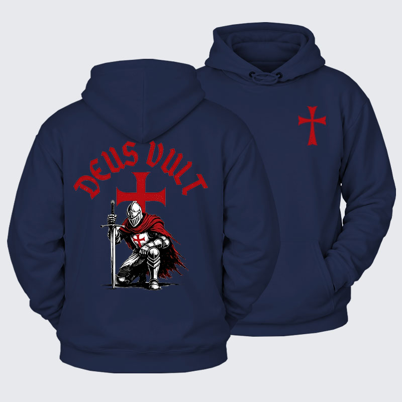 Plush Fleece-Lined Hoodie - Templar Knight Crusader Deus Vult
